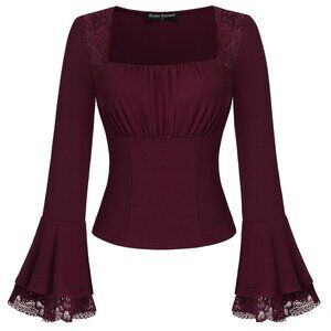 Gothic Ruched Square Neck Lace Sleeve Top Romantic Renaissance Academia Blouse